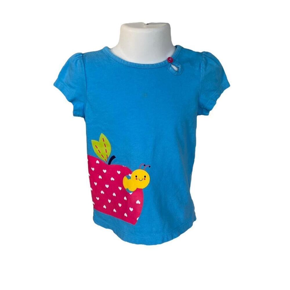Girls 3T Circo Blue Short Sleeve Tee Shirt Pink Heart Apple Worm Button Accent